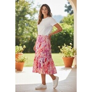 Susan Graver Liquid Knit Boho Midi Skirt L Floral Barbiecore Ruffle Tiered Retro